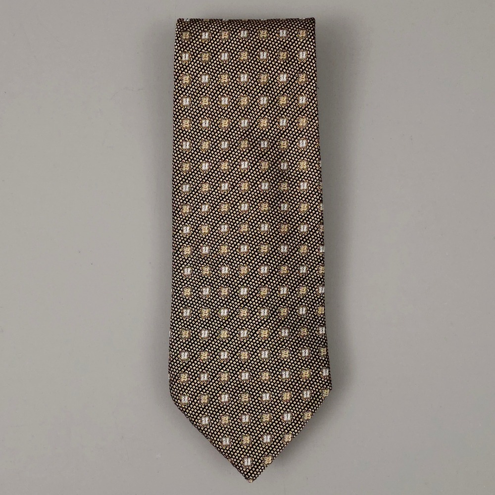 Gianluca Isaia Tie Mens OS Brown Gold Geometric Silk Made in Italy Hand Finished